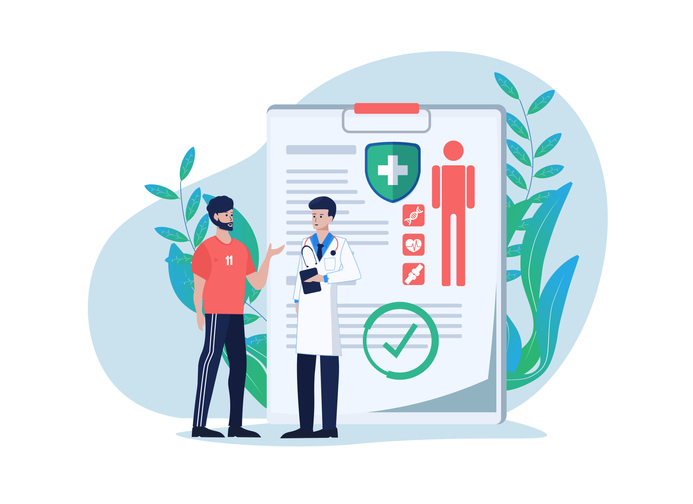 Sportsman discussing with a doctor. Illustration of healthcare and medical consultation linee guida iss